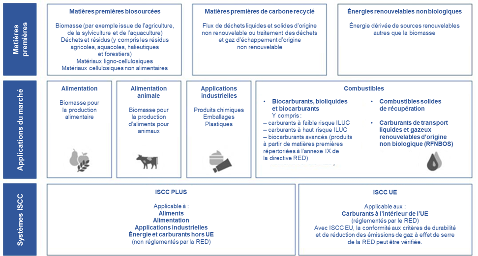 Figure 1.1 Matières premières et applications commerciales couvertes par l’ISCC